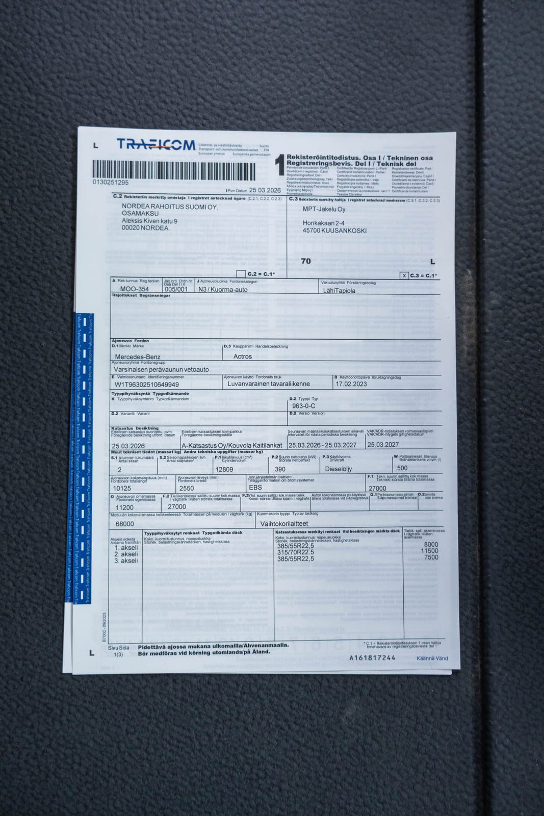 Mercedes-Benz Actros -kuorma-auto (MOO-354), MPT-Jakelu Oy konkurssipesä (2680888-4)