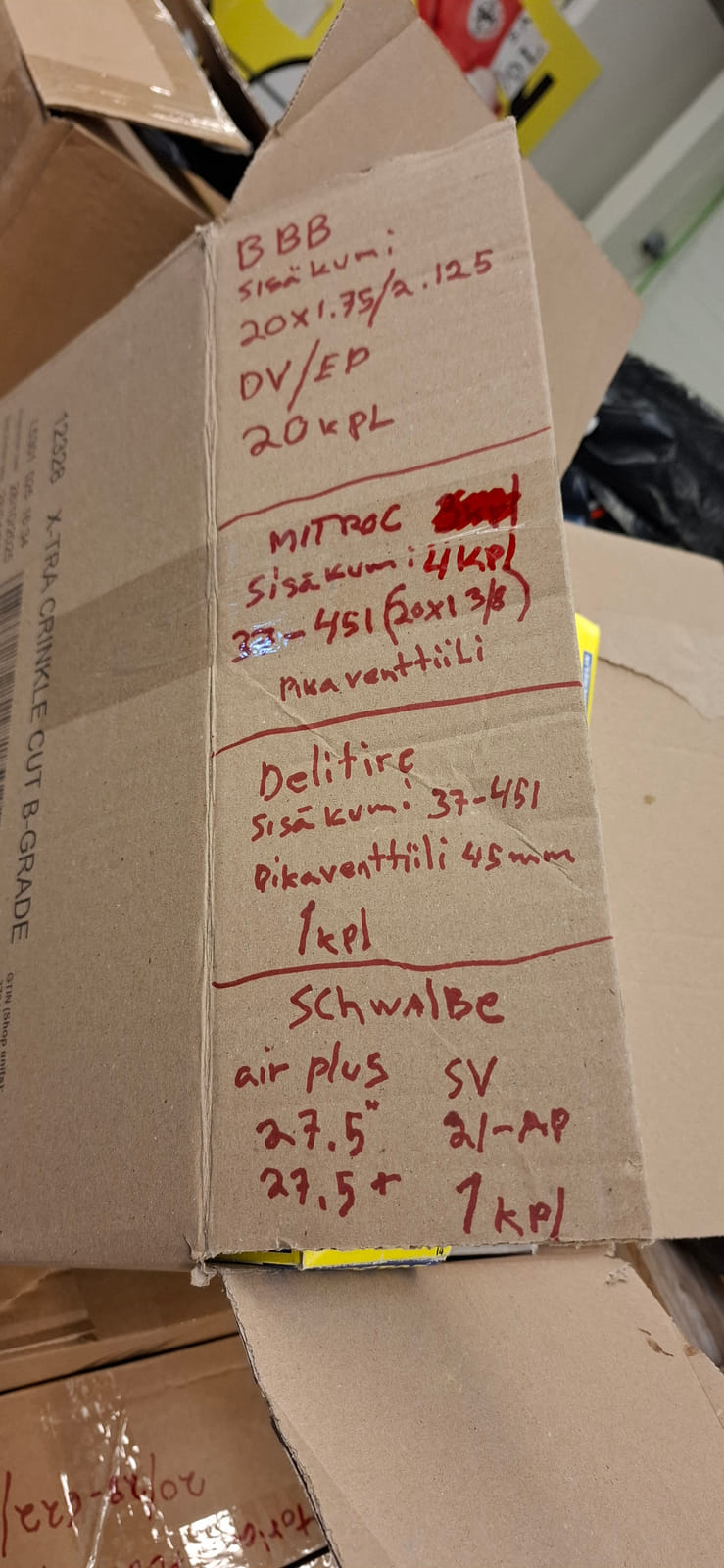 konkurssihuutokaupassa Polkupyörän sisäkumit ja muut tarvikkeet