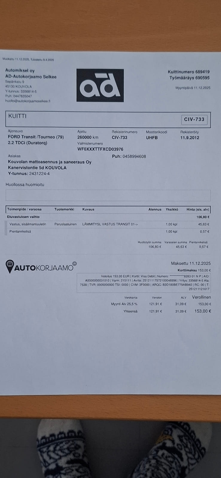 Ford Transit 2.2 -pakettiauto (CIV-733), Kouvolan mattoasennus ja saneeraus Oy (2431224-4) konkurssipesä