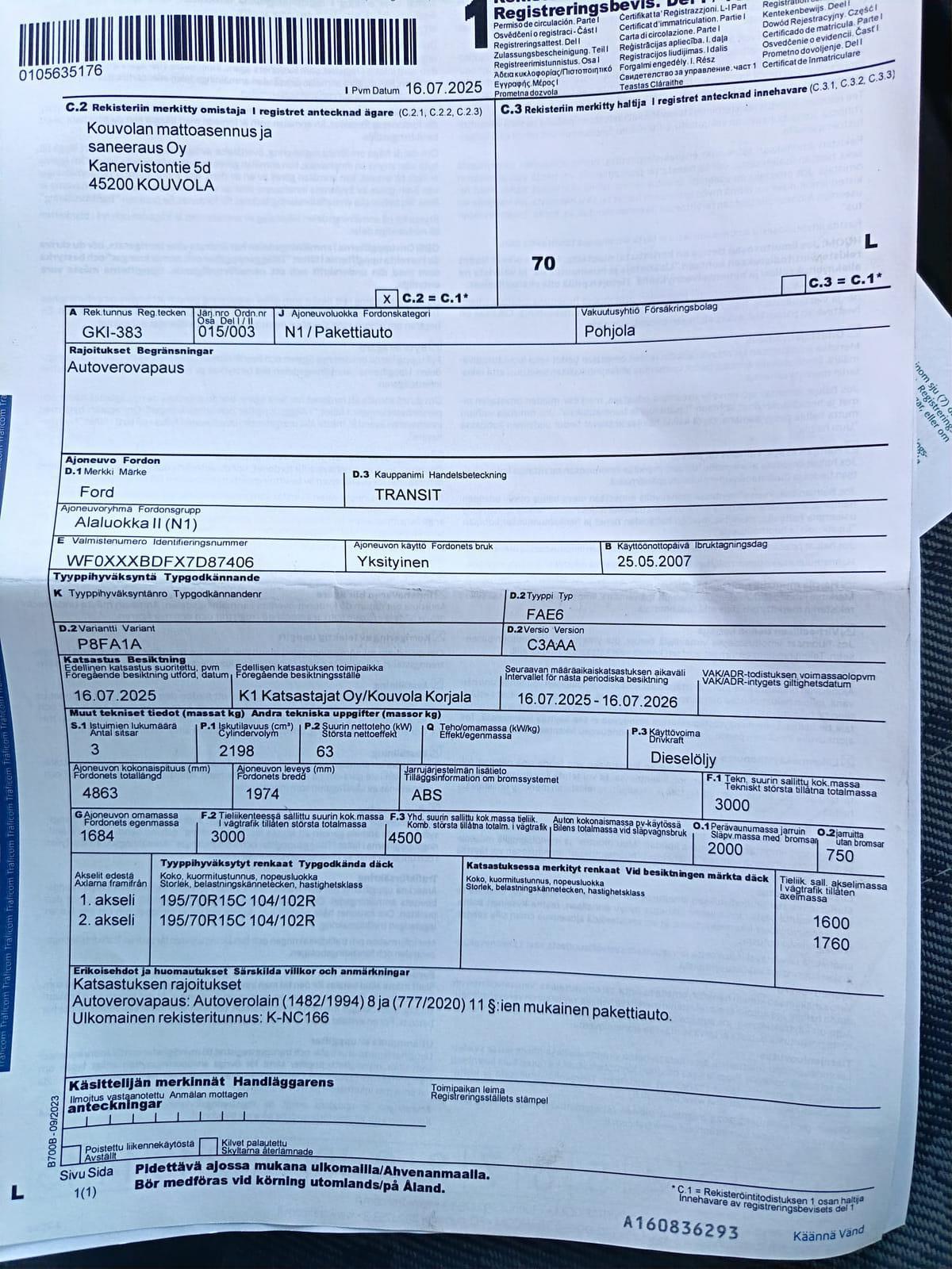 Ford Transit 2.2.  Kouvolan mattoasennus ja saneeraus Oy (2431224-4) konkurssipesä