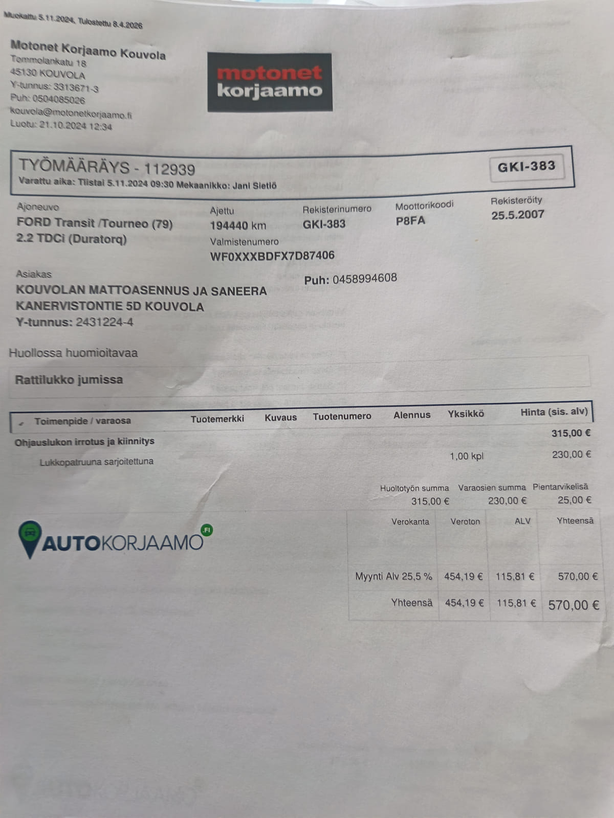 Ford Transit 2.2.  Kouvolan mattoasennus ja saneeraus Oy (2431224-4) konkurssipesä