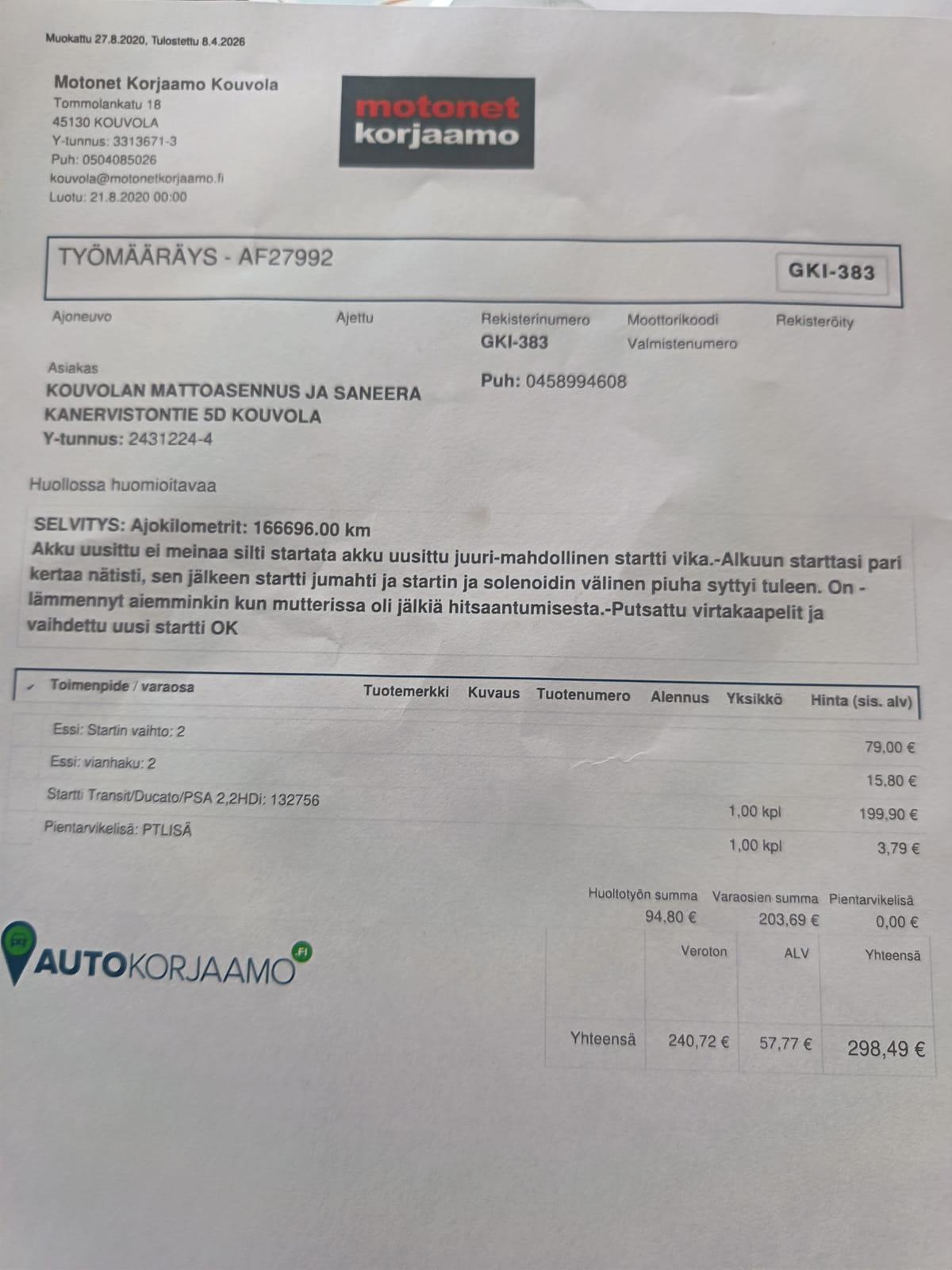 Ford Transit 2.2.  Kouvolan mattoasennus ja saneeraus Oy (2431224-4) konkurssipesä