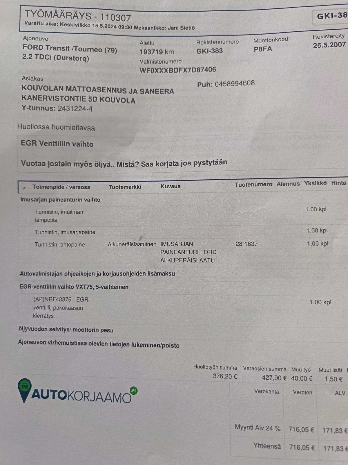 Ford Transit 2.2.  Kouvolan mattoasennus ja saneeraus Oy (2431224-4) konkurssipesä